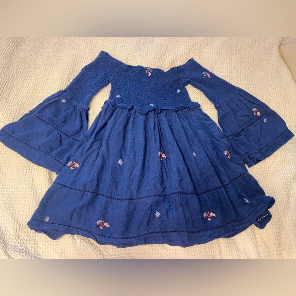 Free People Counting Daisies Embroidered Off-The-Shoulder Dress Navy Size small